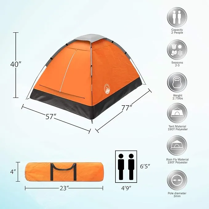2-Person Camping Tent - Includes Rain Fly and Carrying Bag - Lightweight Compact Outdoor Tent for Backpacking, Hiking, or Beaches by Wakeman (Orange)