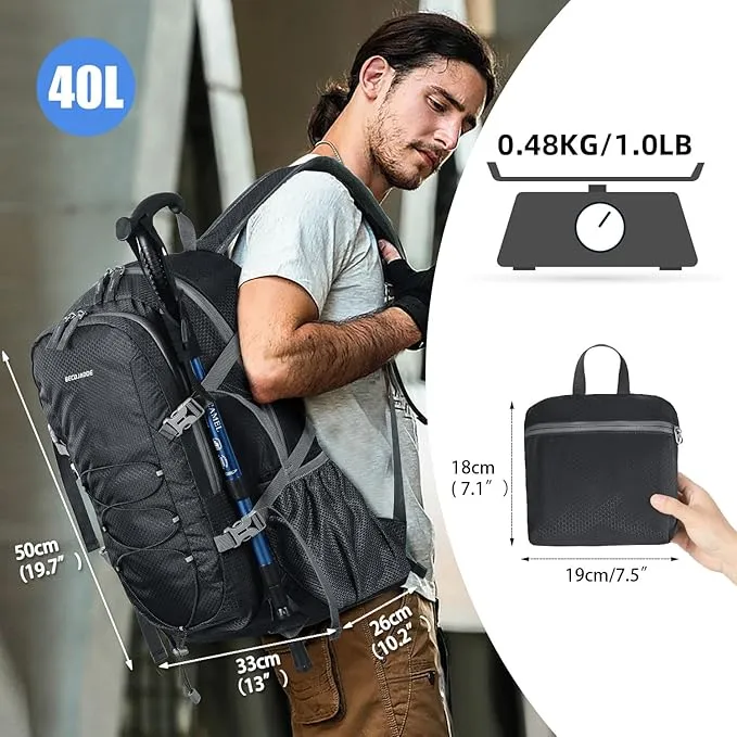40L Lightweight Hiking Backpack Travel Packable Daypack for Women and Men, Black