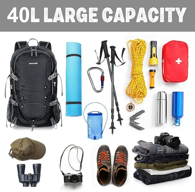 40L Lightweight Hiking Backpack Travel Packable Daypack for Women and Men, Black