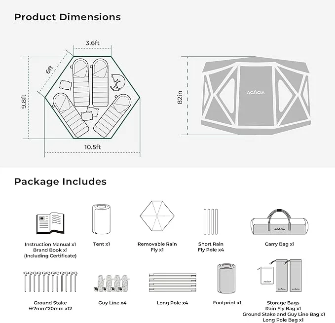 ACACIA Space Camping Tent XL, 4-6 Person Large Family Tent with 6'10'' Height, 2 Doors, 8 Windows, Waterproof Pop Up Easy Setup Hub Tent with Rainfly, Footprint for Car Camping, Glamping, Persimmon