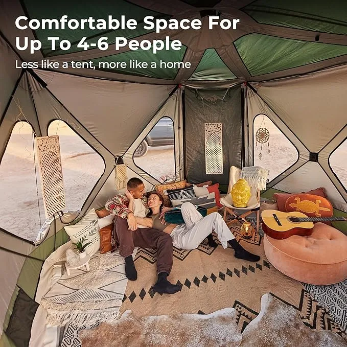 ACACIA Space Camping Tent XL, 4-6 Person Large Family Tent with 6'10'' Height, 2 Doors, 8 Windows, Waterproof Pop Up Easy Setup Hub Tent with Rainfly, Footprint for Car Camping, Glamping, Persimmon