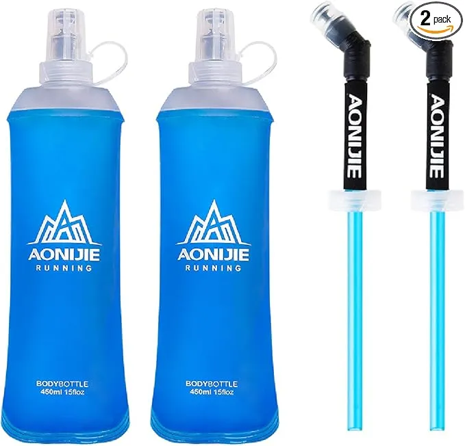 Azarxis TPU Soft Flask Running Collapsible Water Bottles BPA-Free Running Flask for Hydration Pack - Ideal for Running Hiking Cycling Climbing (450ml/15.22oz - 2 Pack with 2 Speed Straws)