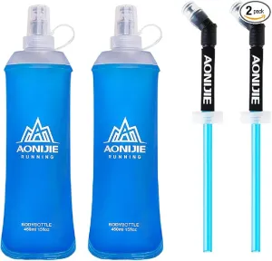 Azarxis TPU Soft Flask Running Collapsible Water Bottles BPA-Free Running Flask for Hydration Pack - Ideal for Running Hiking Cycling Climbing (450ml/15.22oz - 2 Pack with 2 Speed Straws)