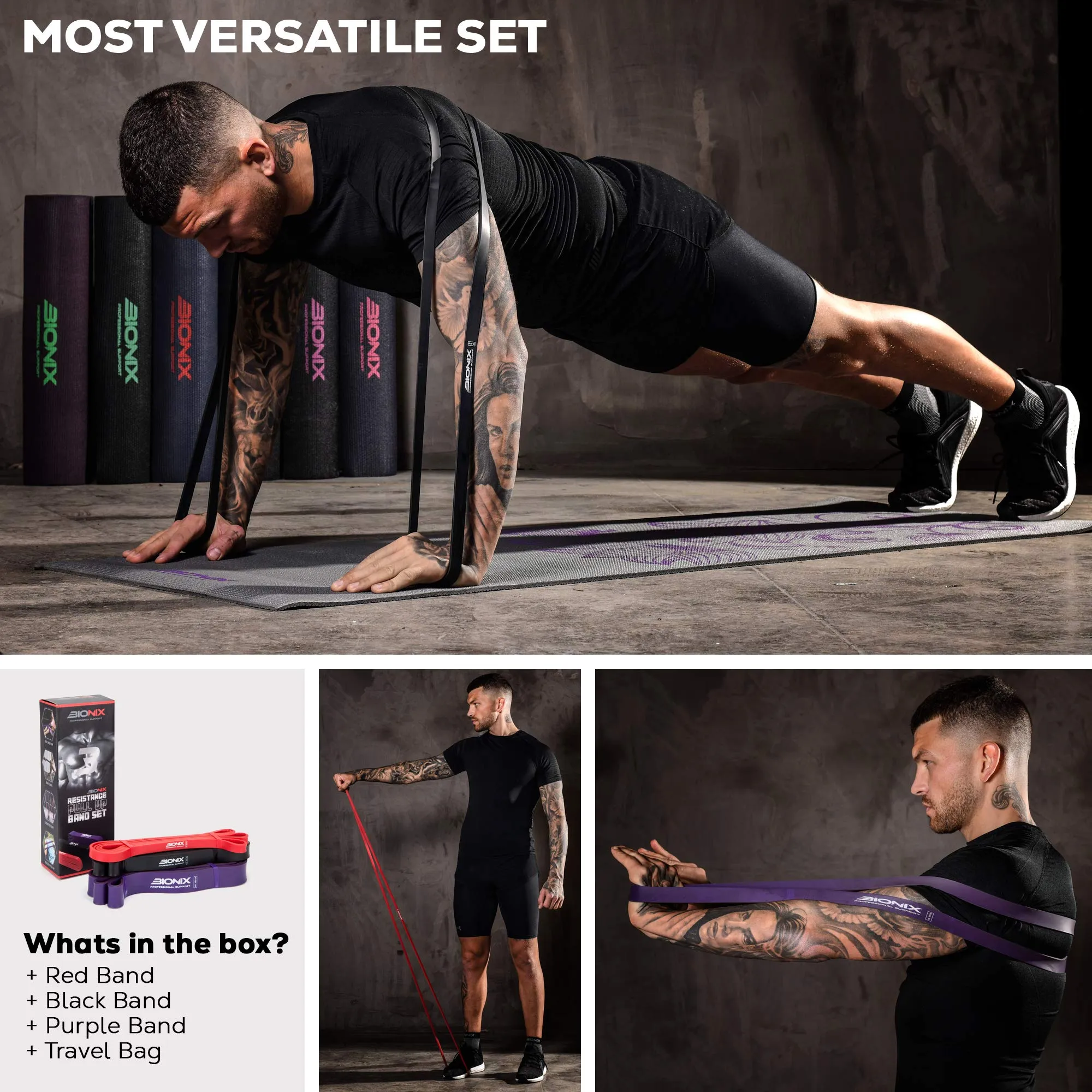 Bionix Resistance Bands Set - 3pcs Exercise Band For Men and Women Pull UP Assistance Heavy Elastic Rubber Long Loop Arm Legs Glutes Fitness Gym Workout