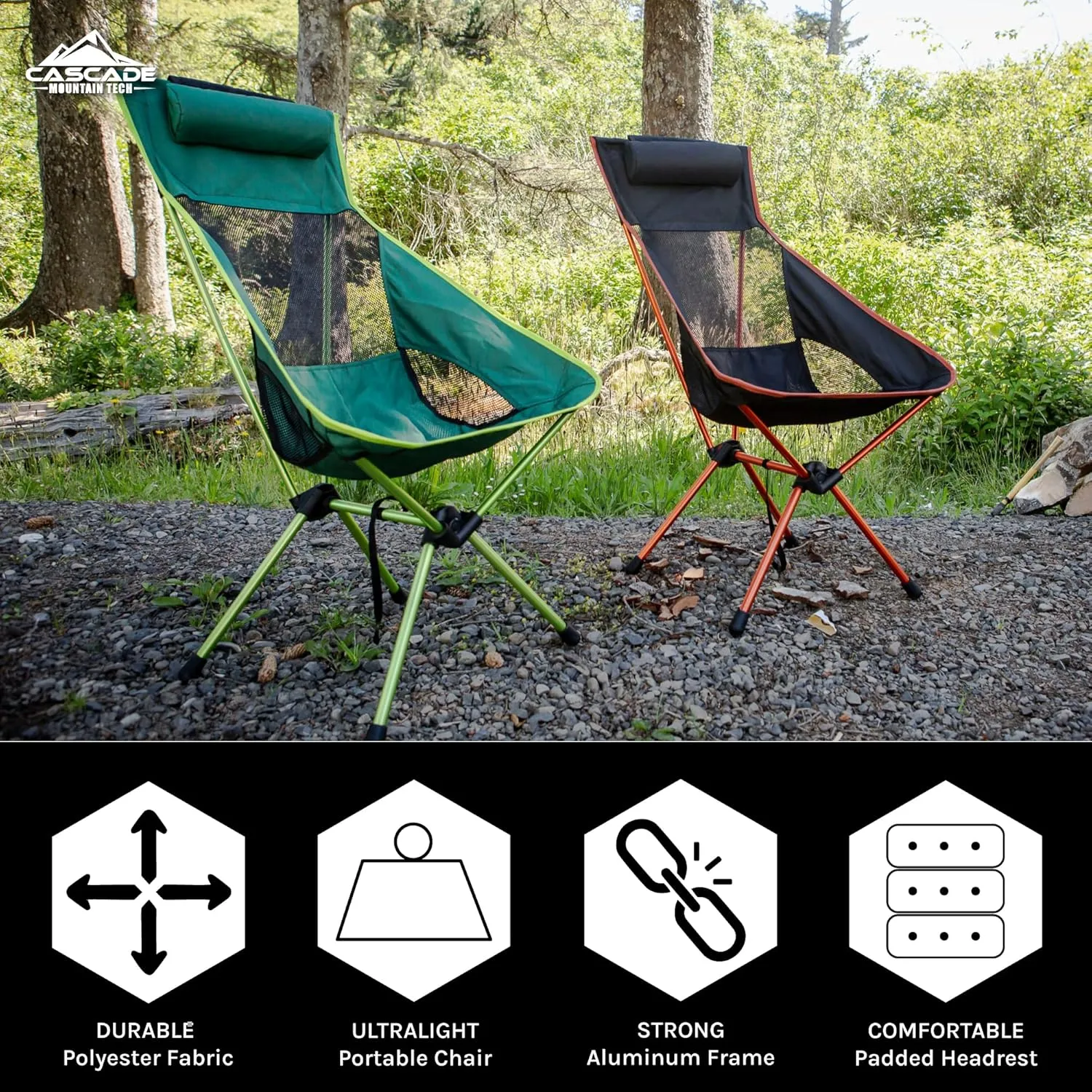 Cascade Mountain Tech Outdoor High Back Lightweight Camp Chair with Headrest and Carry Case - Green