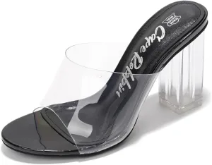 Clear Chunky Heels for Women- Comfy Slip on Heels for Women with Transparent Upper, 3.5-inch Lucite Block Heel & Genuine Leather Insole- Classy Open Toe Wedge Heels for Women (Fusion.A)