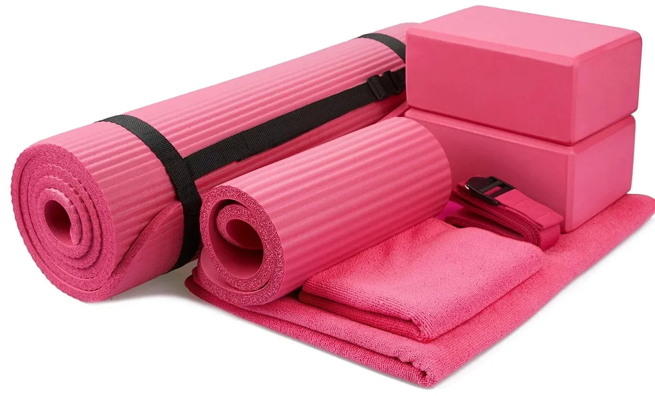 Everyday Essentials Go Yoga 7-Piece Set - Include Yoga Mat with Carrying Strap, 2 Yoga Blocks, Yoga Mat Towel, Yoga Hand Towel, Yoga Strap and Yoga Knee Pad