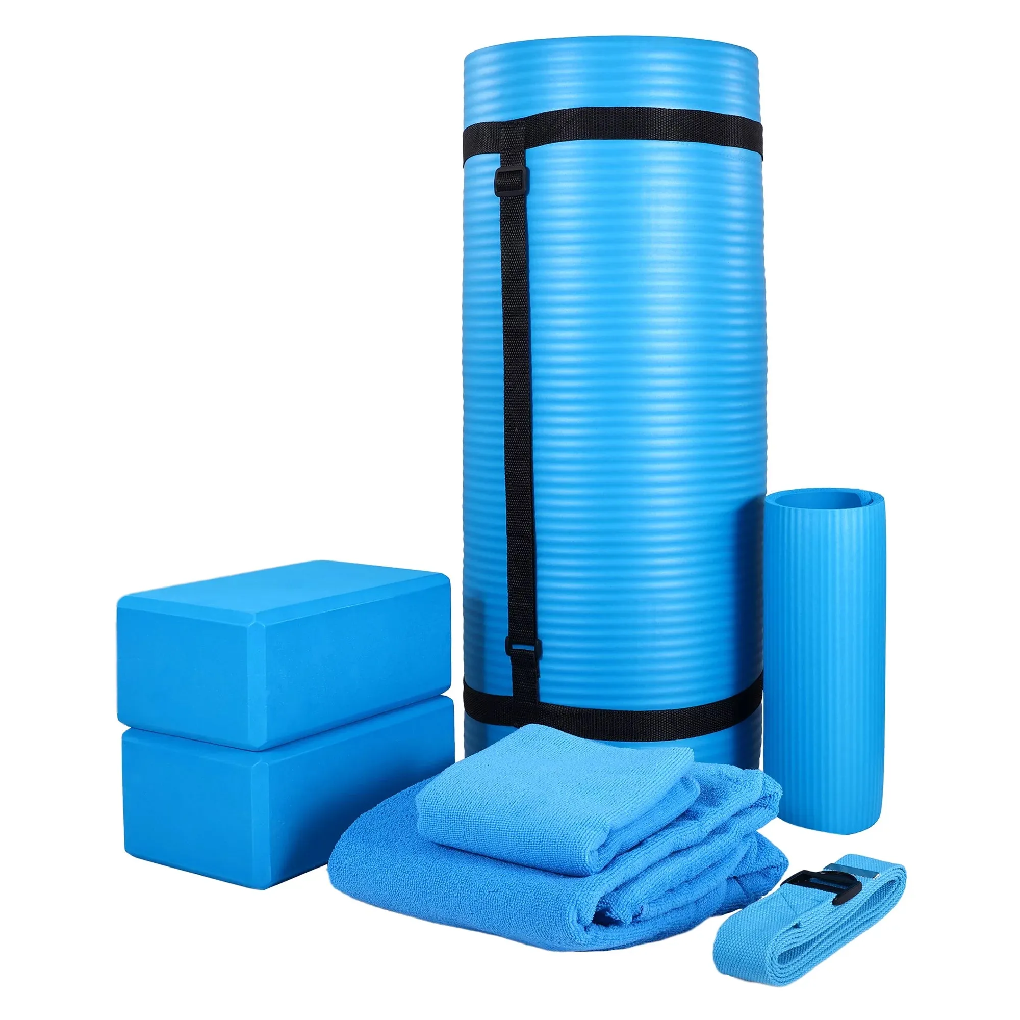 Everyday Essentials Go Yoga 7-Piece Set - Include Yoga Mat with Carrying Strap, 2 Yoga Blocks, Yoga Mat Towel, Yoga Hand Towel, Yoga Strap and Yoga Knee Pad