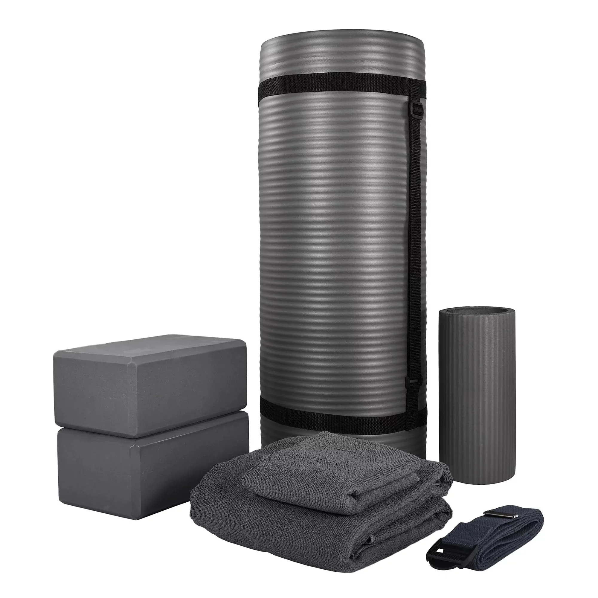 Everyday Essentials Go Yoga 7-Piece Set - Include Yoga Mat with Carrying Strap, 2 Yoga Blocks, Yoga Mat Towel, Yoga Hand Towel, Yoga Strap and Yoga Knee Pad