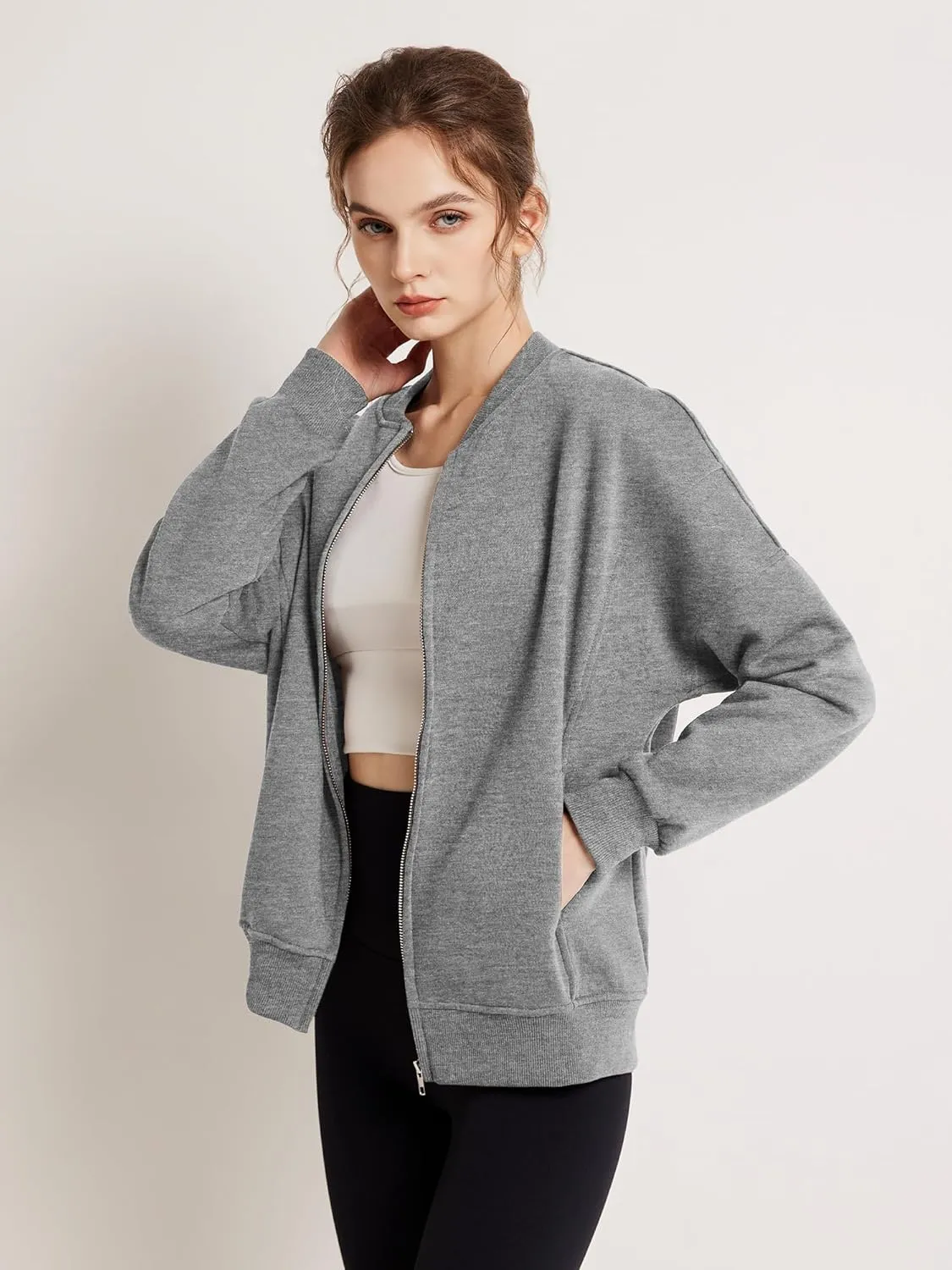 GEMLON Sweatshirt for Women Full Zip Up Casual Coats Long Sleeve Loose Fit Fleece Jacket with Pockets