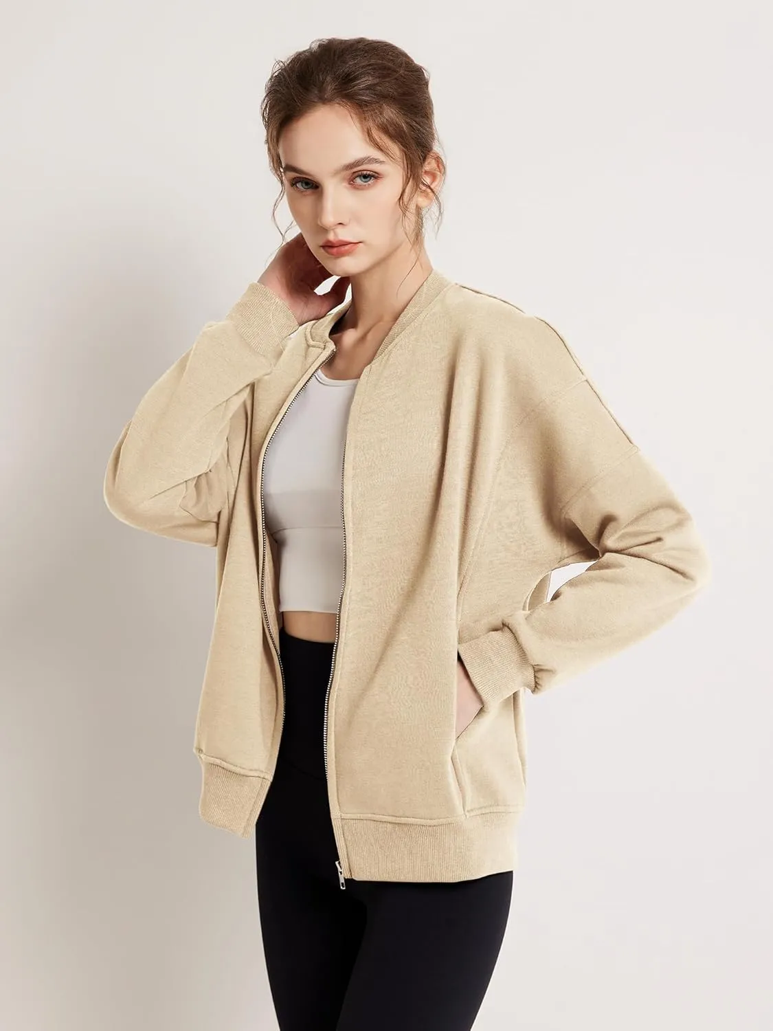 GEMLON Sweatshirt for Women Full Zip Up Casual Coats Long Sleeve Loose Fit Fleece Jacket with Pockets