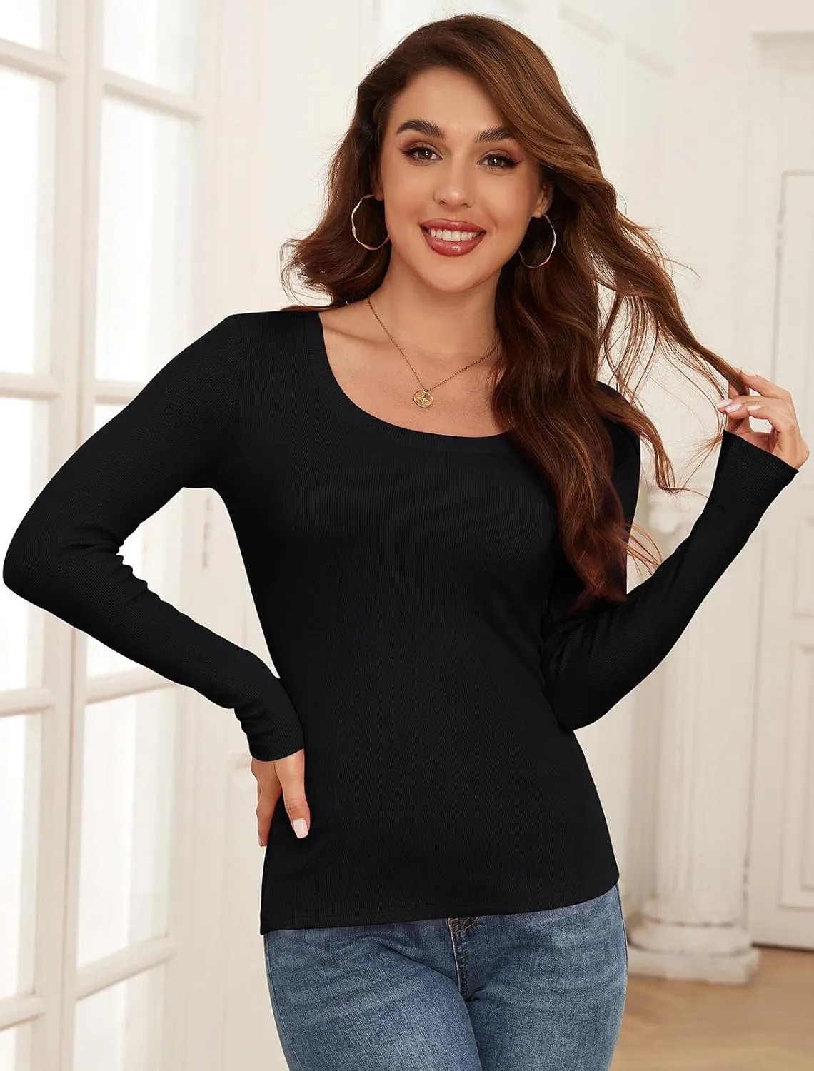 Long Sleeve Shirts for Women Scoop Neck Lightweight Stretchy Fitted Ribbed Basic Layer Tops Blouse