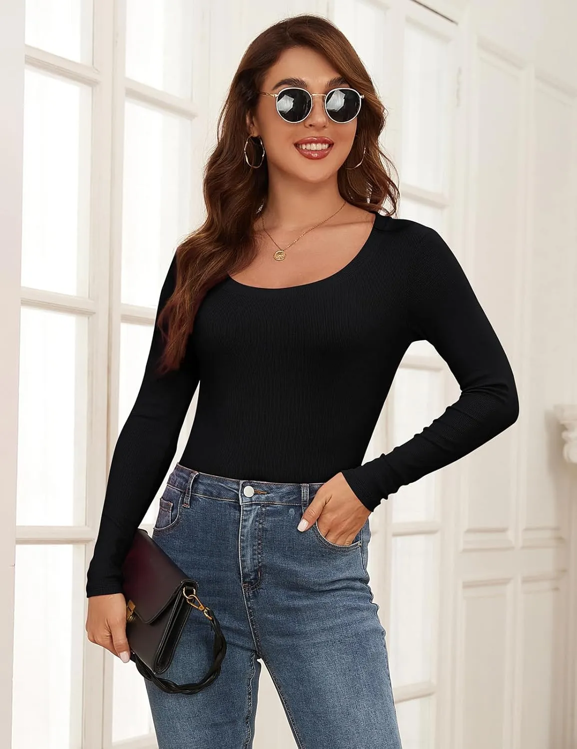 Long Sleeve Shirts for Women Scoop Neck Lightweight Stretchy Fitted Ribbed Basic Layer Tops Blouse
