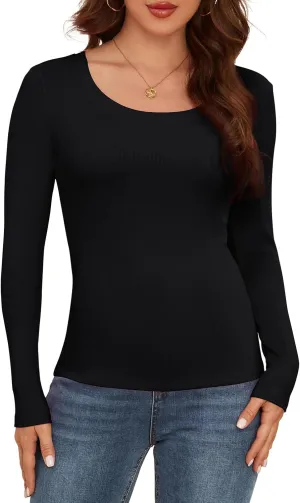 Long Sleeve Shirts for Women Scoop Neck Lightweight Stretchy Fitted Ribbed Basic Layer Tops Blouse