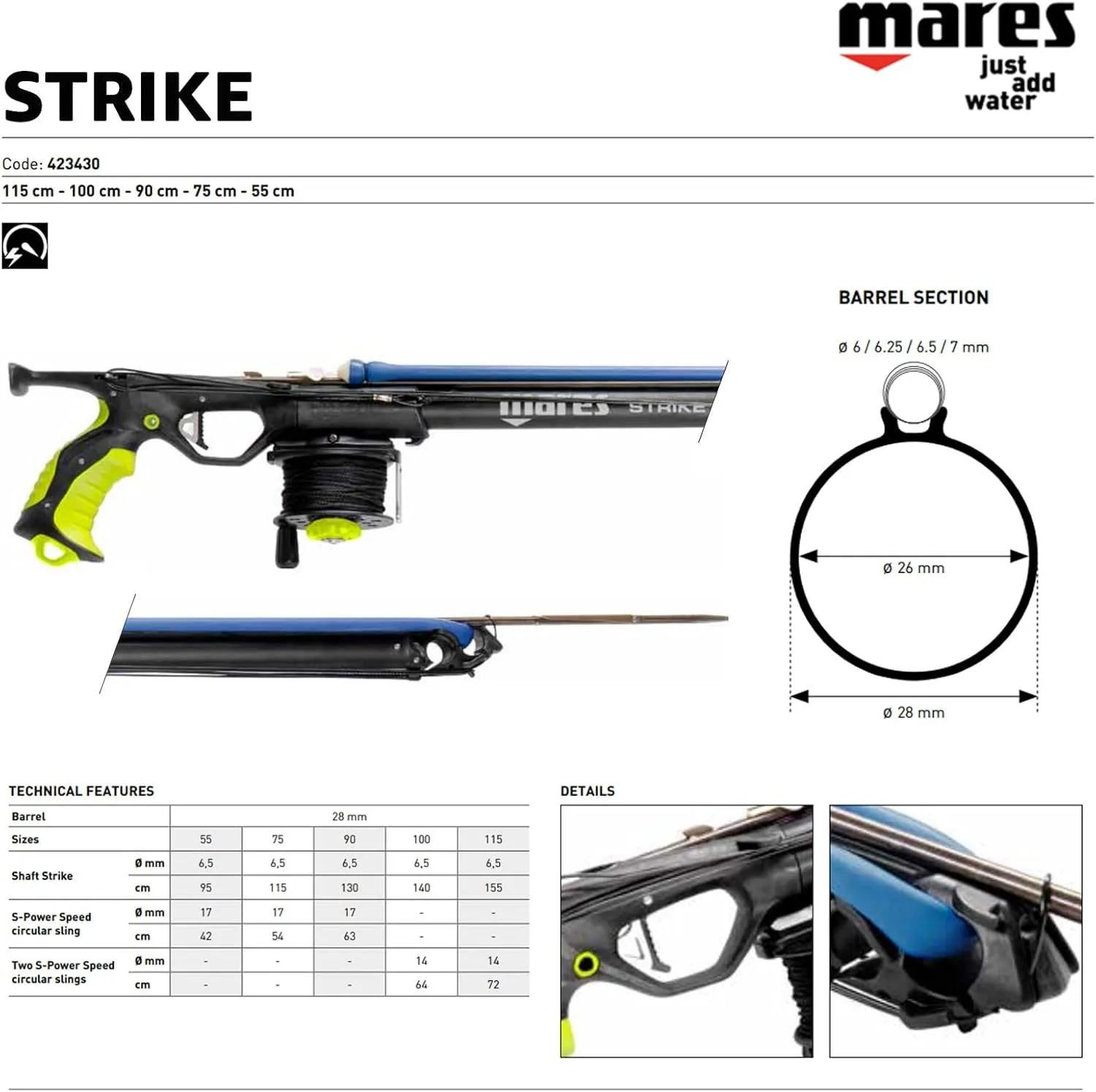 Mares Strike Speargun for Spearfishing | 28mm Barrel, Stainless Steel Release, 6.5mm Shaft, Ergonomic Handle & Horizontal Reel | Optimized for Oversized Bands & Accurate Shots