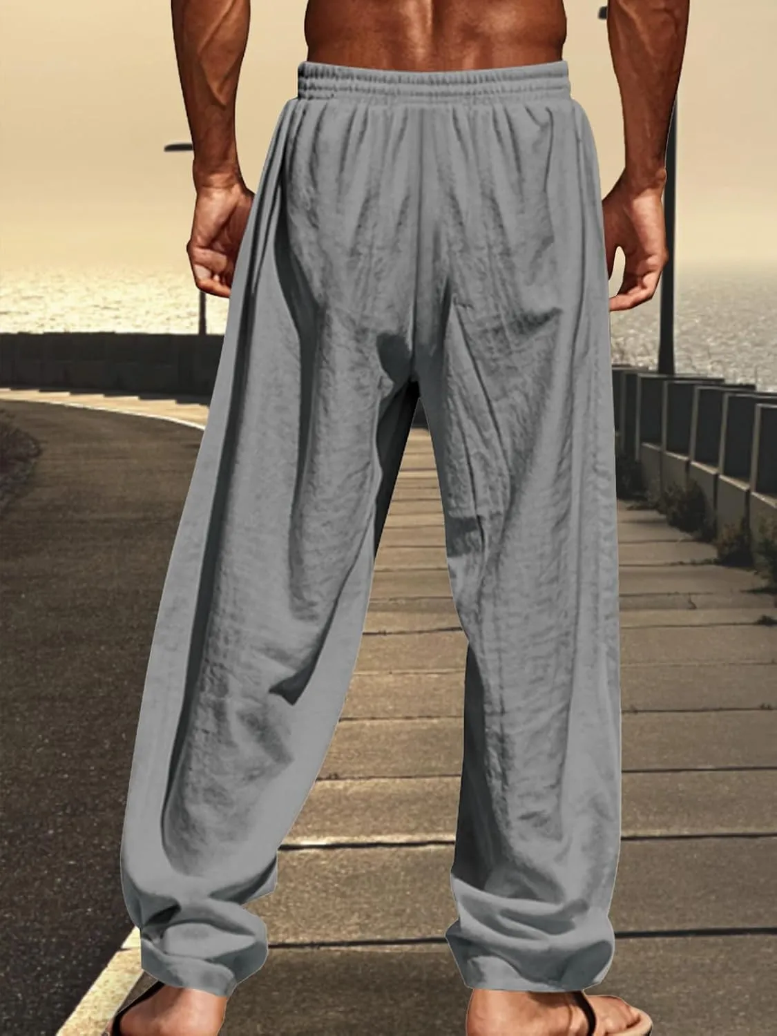 Mens Cotton Linen Pants Casual Summer Vacation Baggy Beach Pants Buttoned Drawstring Yoga Trousers with Pockets