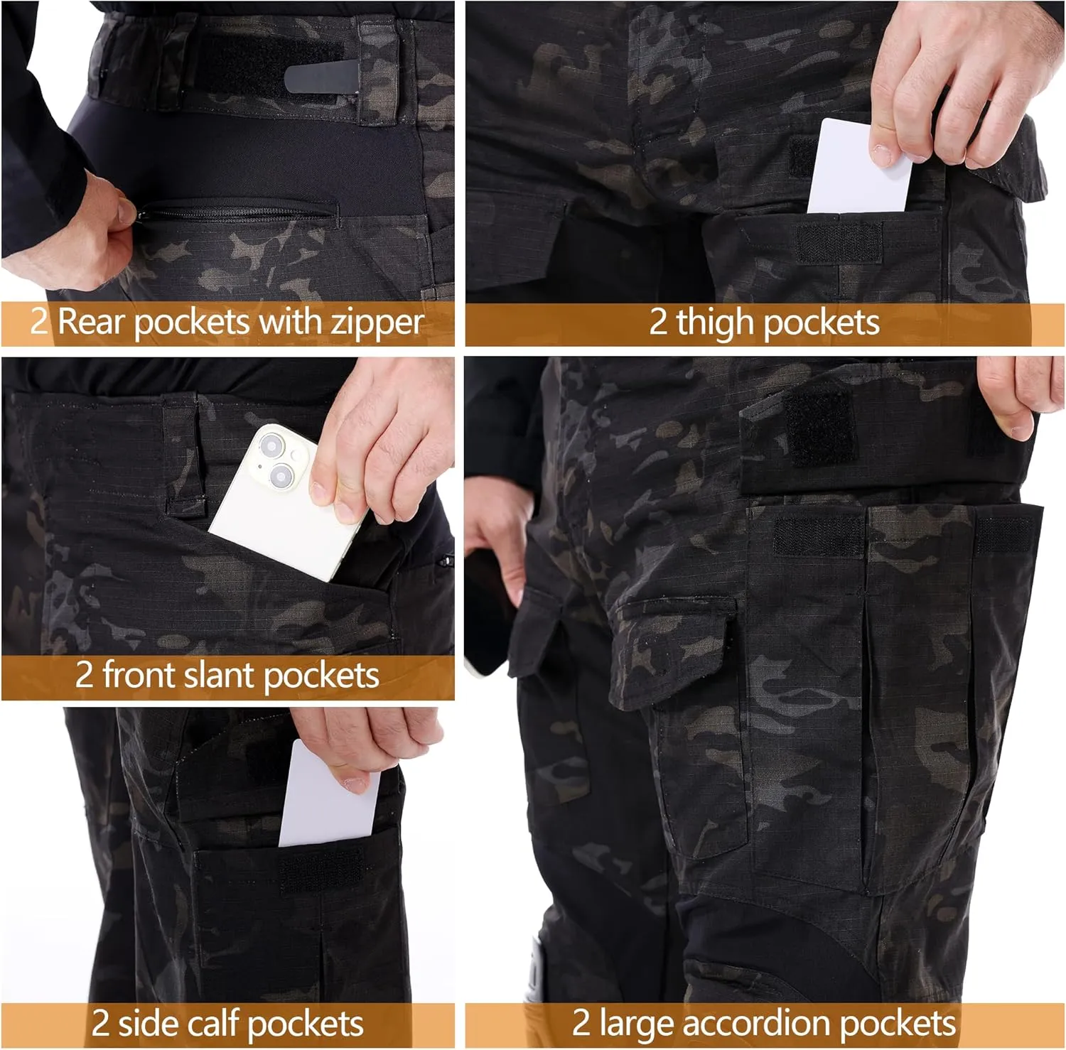 Mens Tactical Pants with Knee Pads Waterproof G3 Combat Pants Camo Cargo Pants with 10 Pockets No Belt