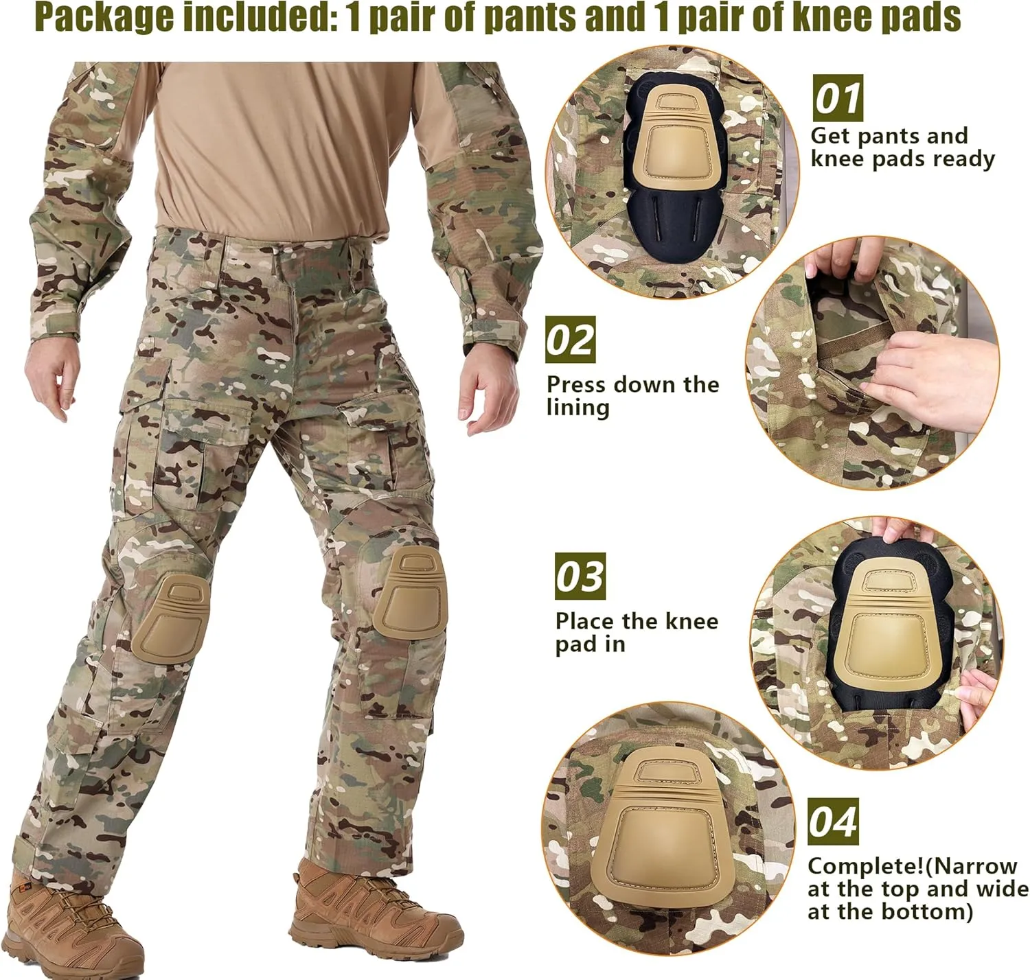 Mens Tactical Pants with Knee Pads Waterproof G3 Combat Pants Camo Cargo Pants with 10 Pockets No Belt