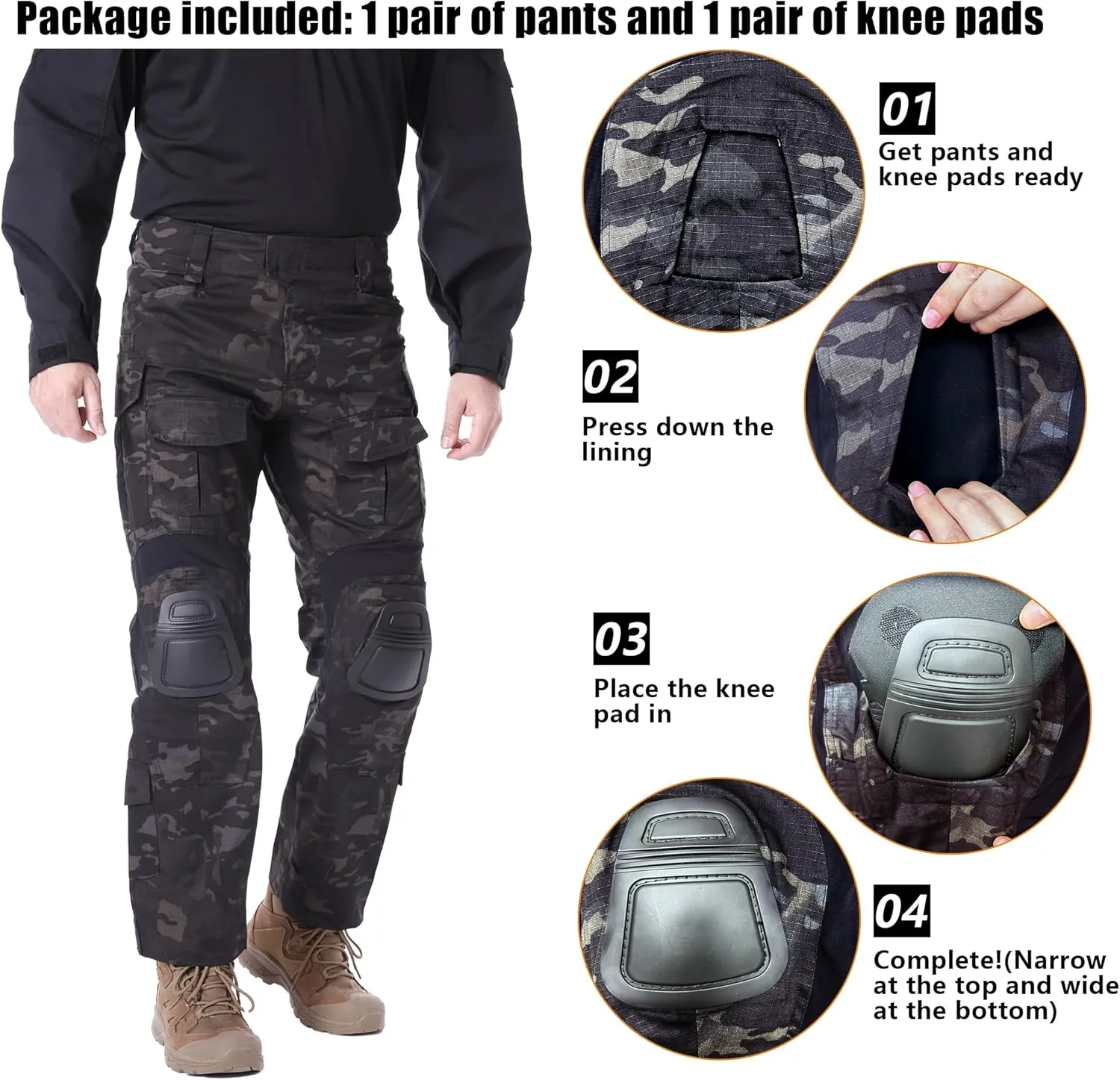 Mens Tactical Pants with Knee Pads Waterproof G3 Combat Pants Camo Cargo Pants with 10 Pockets No Belt