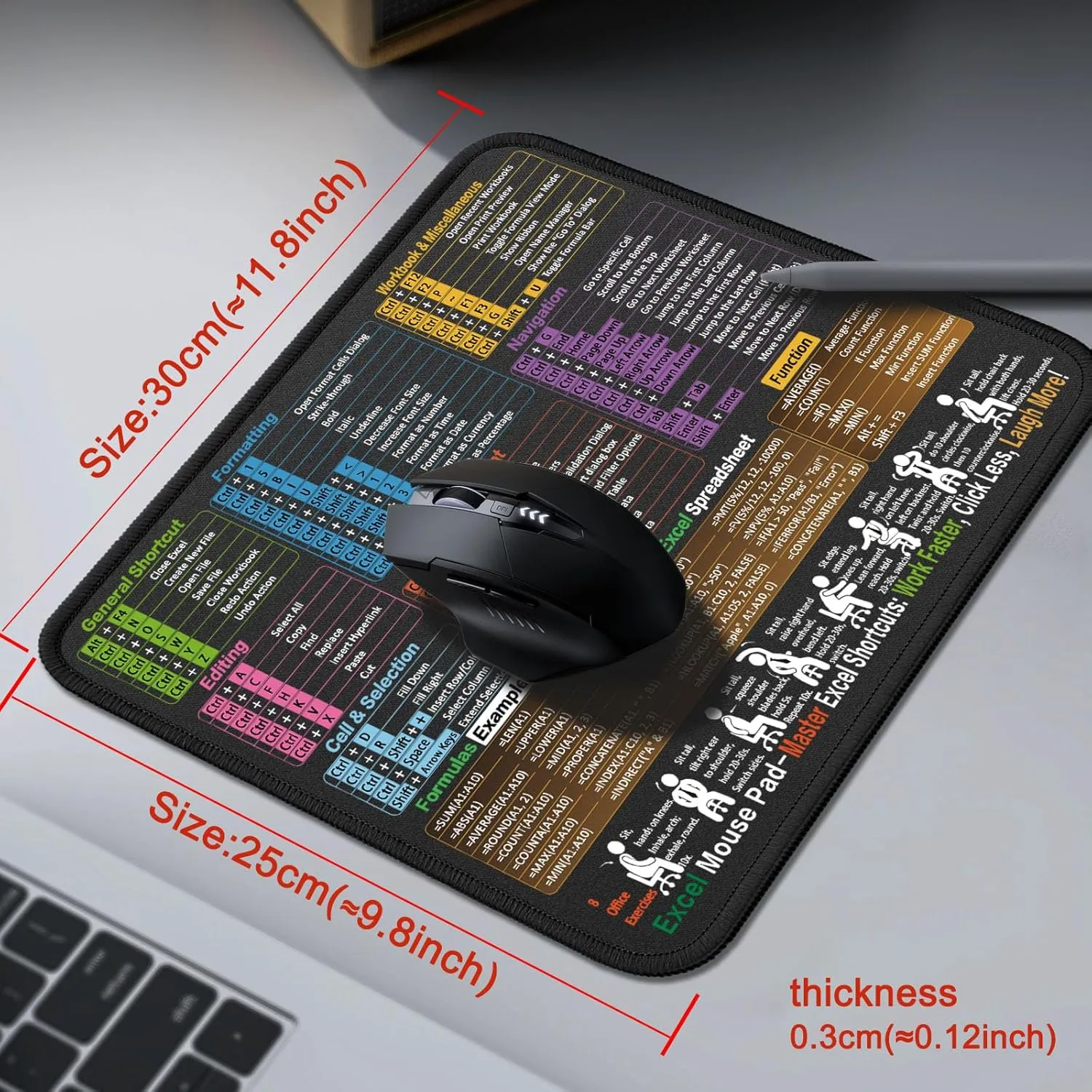 Mouse Pad for Excel Shortcuts  Small Excel Spreadsheet Cheat Sheet Desk Pad  11.8"x9.8" Portable Computer Mousepad  Gaming, Office, Waterproof, Non-Slip, Stitched Edges