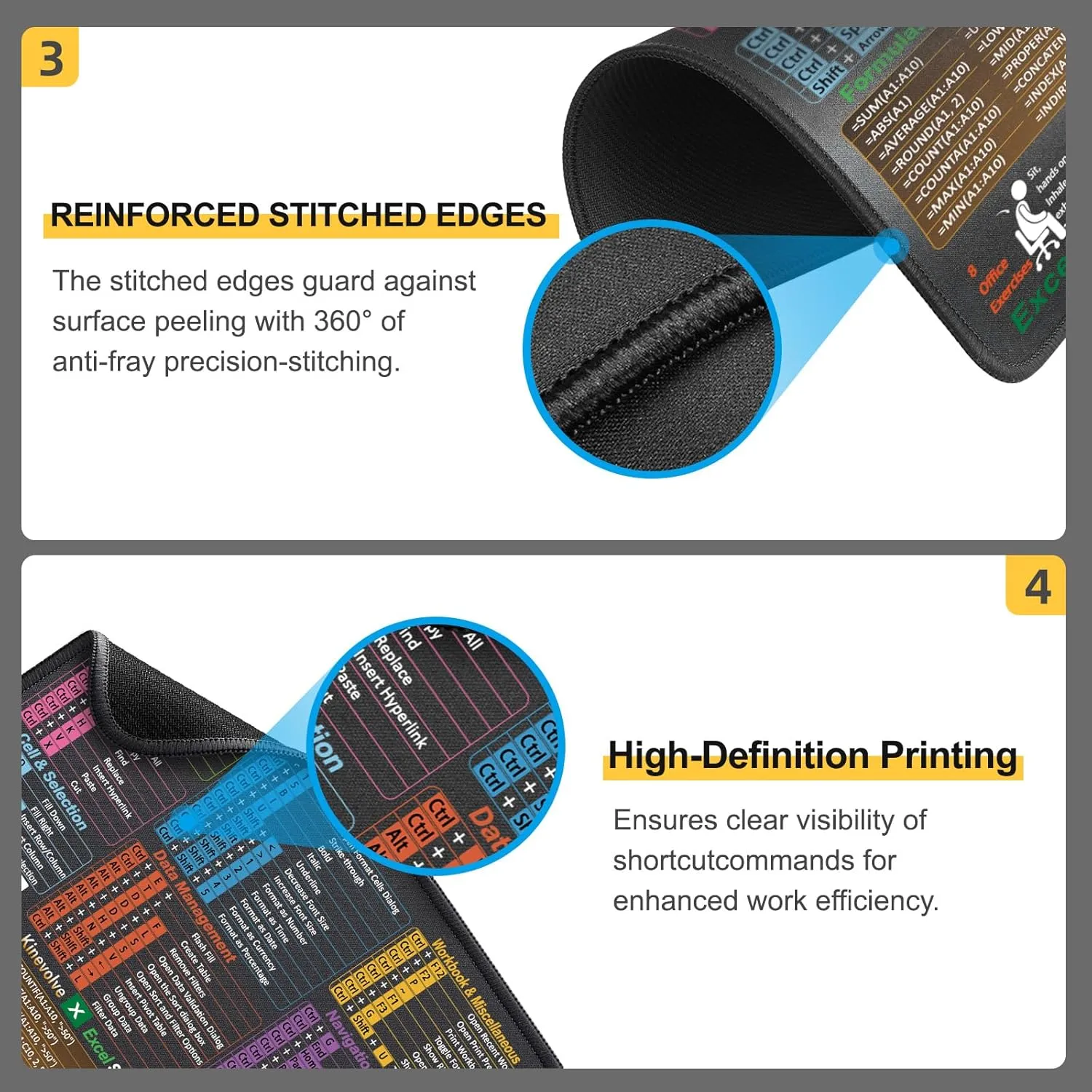 Mouse Pad for Excel Shortcuts  Small Excel Spreadsheet Cheat Sheet Desk Pad  11.8"x9.8" Portable Computer Mousepad  Gaming, Office, Waterproof, Non-Slip, Stitched Edges