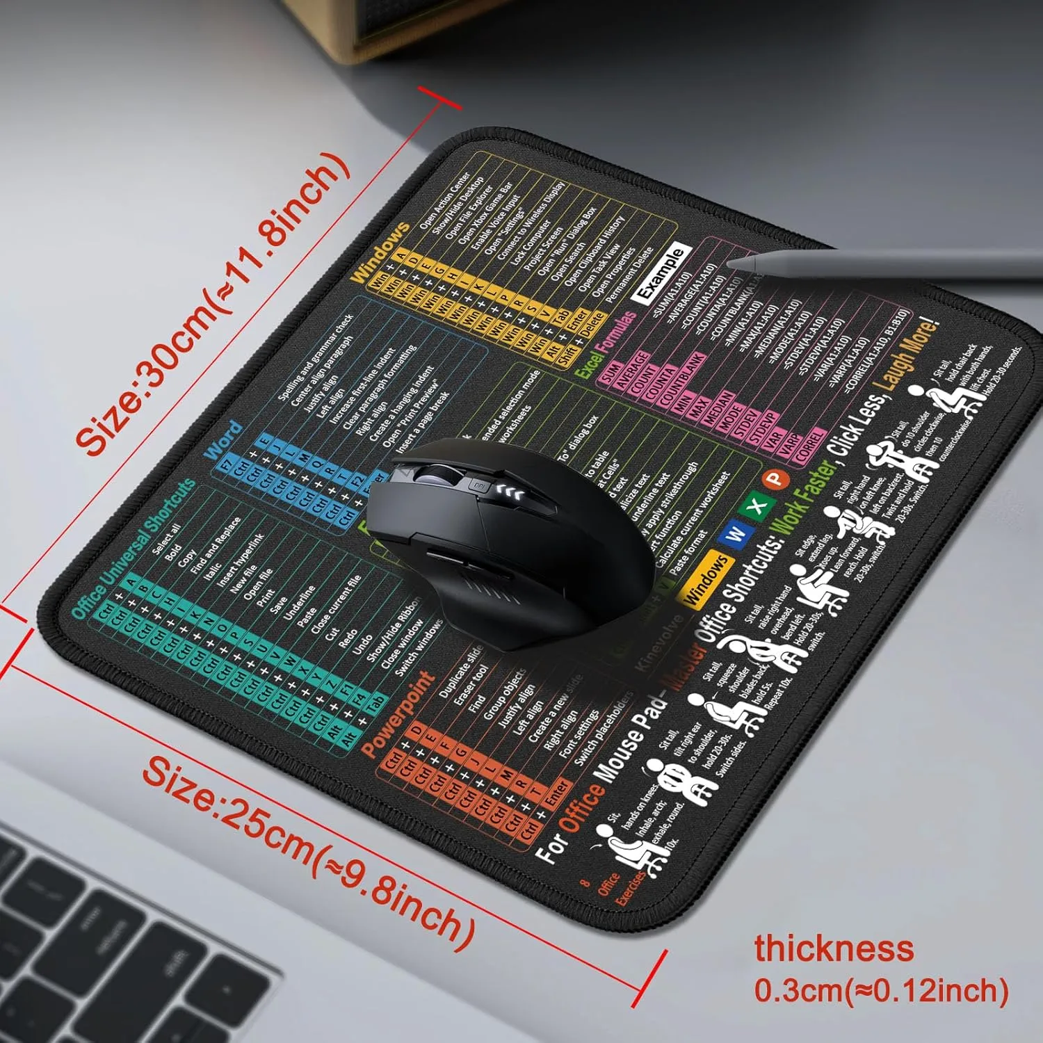 Mouse Pad for Excel/Word/PowerPoint/Windows Shortcuts  Small Excel Cheat Sheet Desk Pad  11.8"x9.8" Portable Computer Mousepad  Gaming, Office, Waterproof, Non-Slip, Stitched Edges