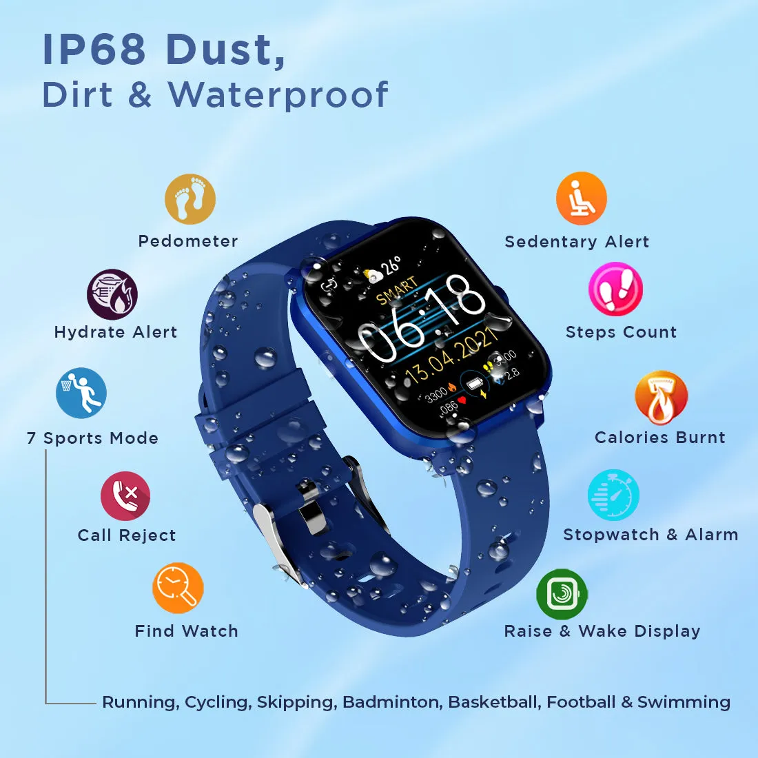pTron Force X11 Bluetooth Calling Smartwatch with 4.3 cm Full Touch Color Display, Real 24/7 Heart Rate Tracking, Multiple Watch Faces, 7Days Runtime, Health/Fitness Trackers & IP68 Waterproof (Blue)