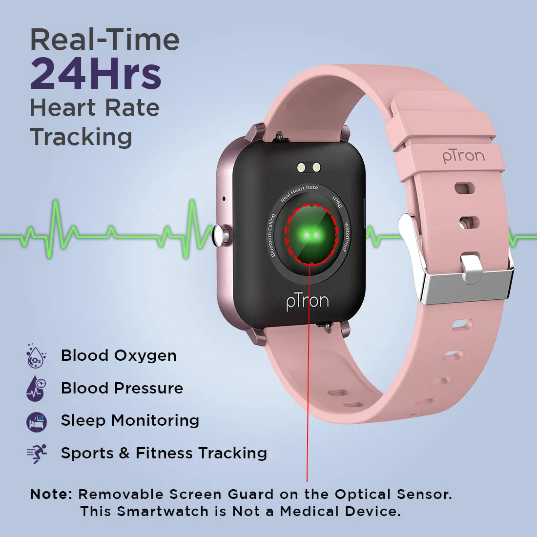 pTron Force X11 Bluetooth Calling Smartwatch with 4.3 cm Full Touch Color Display, Real 24/7 Heart Rate Tracking, Multiple Watch Faces, 7Days Runtime, Health/Fitness Trackers & IP68 Waterproof  (Pink)