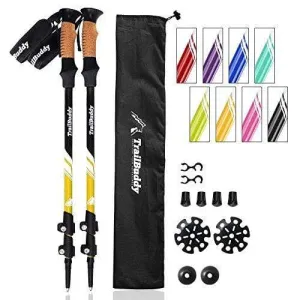TrailBuddy Hiking Sticks - 2-pc Pack Adjustable Walking or Trekking Poles - Strong, Lightweight Aluminum 7075 - Quick Adjust Flip-Lock - Cork Grip, Padded Strap - (Bumblebee Yellow)