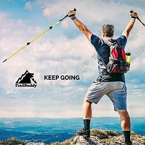 TrailBuddy Hiking Sticks - 2-pc Pack Adjustable Walking or Trekking Poles - Strong, Lightweight Aluminum 7075 - Quick Adjust Flip-Lock - Cork Grip, Padded Strap - (Bumblebee Yellow)