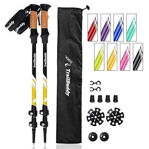 TrailBuddy Hiking Sticks - 2-pc Pack Adjustable Walking or Trekking Poles - Strong, Lightweight Aluminum 7075 - Quick Adjust Flip-Lock - Cork Grip, Padded Strap - (Bumblebee Yellow)