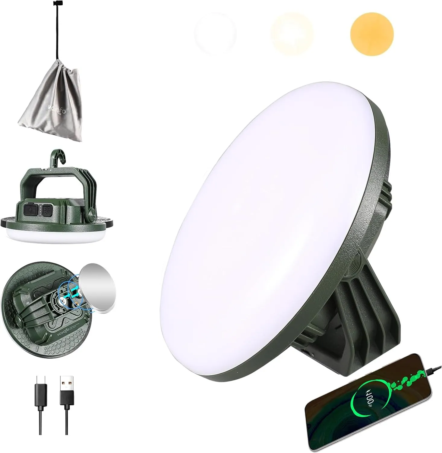 VAVOFO 15,000mAh 4000LM LED Camping Lantern Rechargeable, 3 Lighting Modes Portable Tent Light with Magnet, IP65 Waterproof Hanging Light for Emergencies, Power Outages ,Hurricane(Green)
