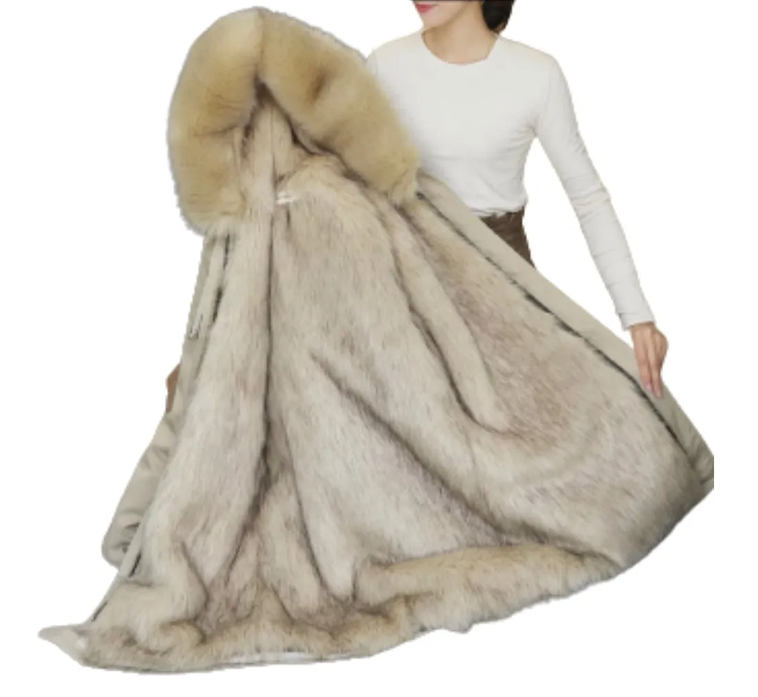 Women's Detachable Faux Racoon Fur Liner Hooded Fur Coat Outwear Winter Long Jacket