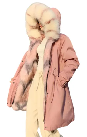 Women's Detachable Faux Racoon Fur Liner Hooded Fur Coat Outwear Winter Long Jacket