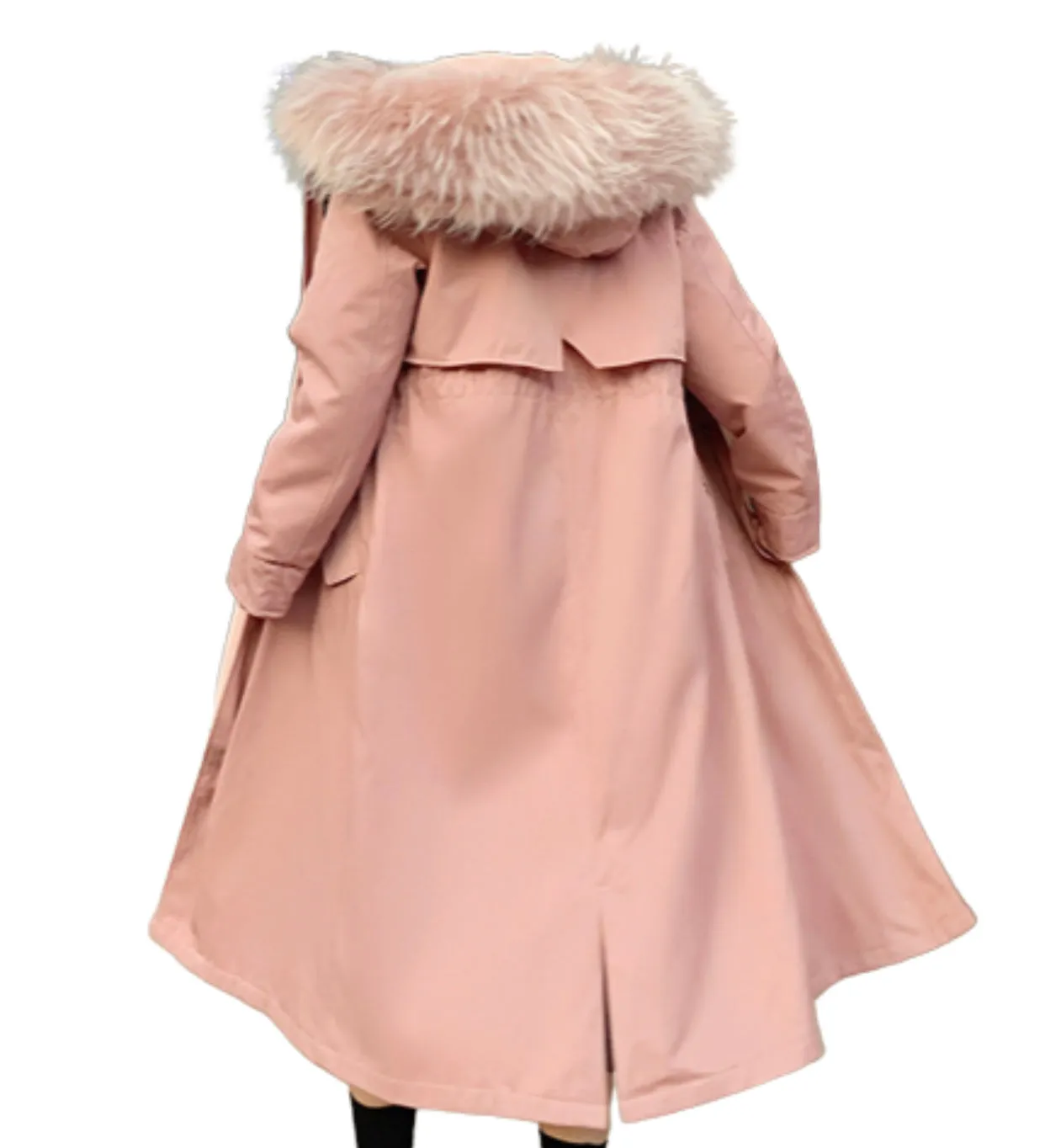 Women's Detachable Faux Racoon Fur Liner Hooded Fur Coat Outwear Winter Long Jacket