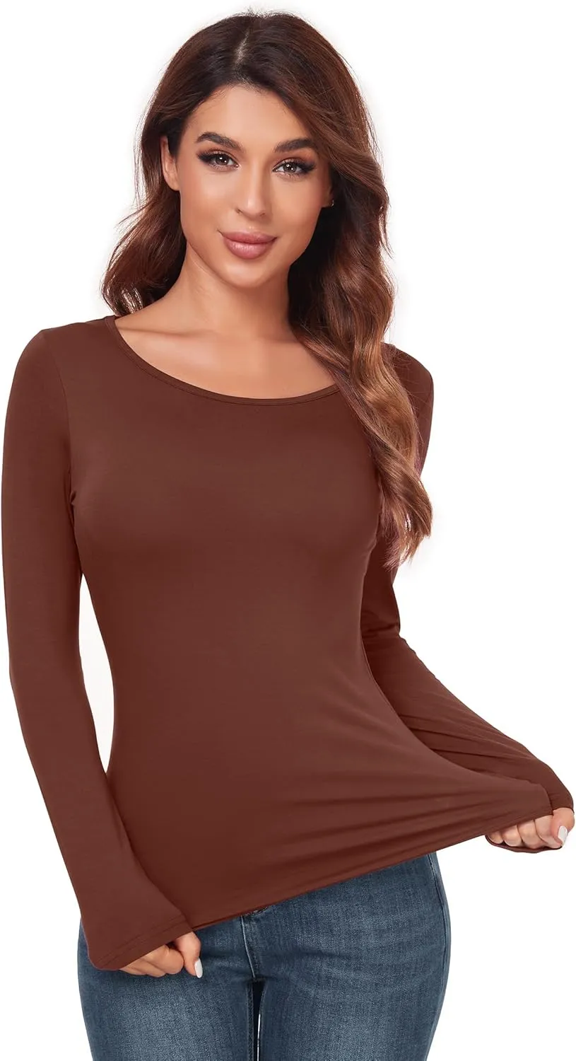 Women's Scoop Neck Tops Long Sleeve Slim Fit T Shirt Thermal Blouse Basic Layer Shirts