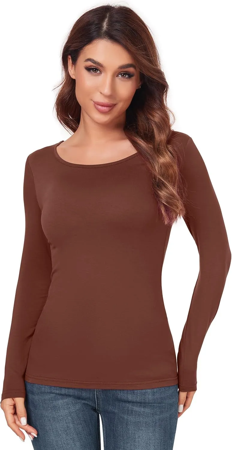 Women's Scoop Neck Tops Long Sleeve Slim Fit T Shirt Thermal Blouse Basic Layer Shirts