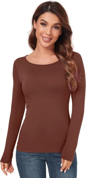 Women's Scoop Neck Tops Long Sleeve Slim Fit T Shirt Thermal Blouse Basic Layer Shirts