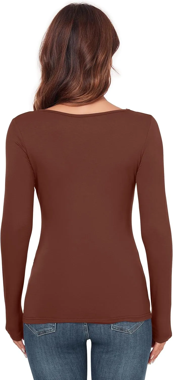Women's Scoop Neck Tops Long Sleeve Slim Fit T Shirt Thermal Blouse Basic Layer Shirts