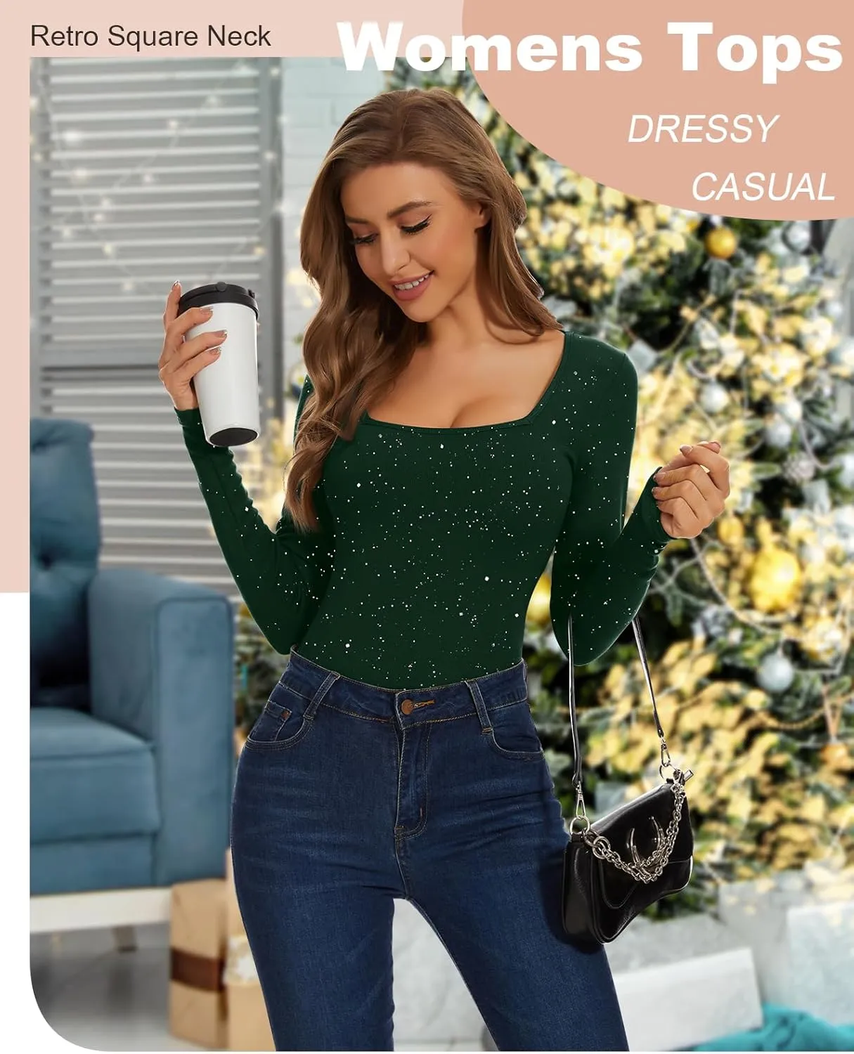 WOWENY Women Thermal Long Sleeve Shirt Fleece Lined Tight Undershirts Basic Fitted Tops Square Neck Winter Base Layer