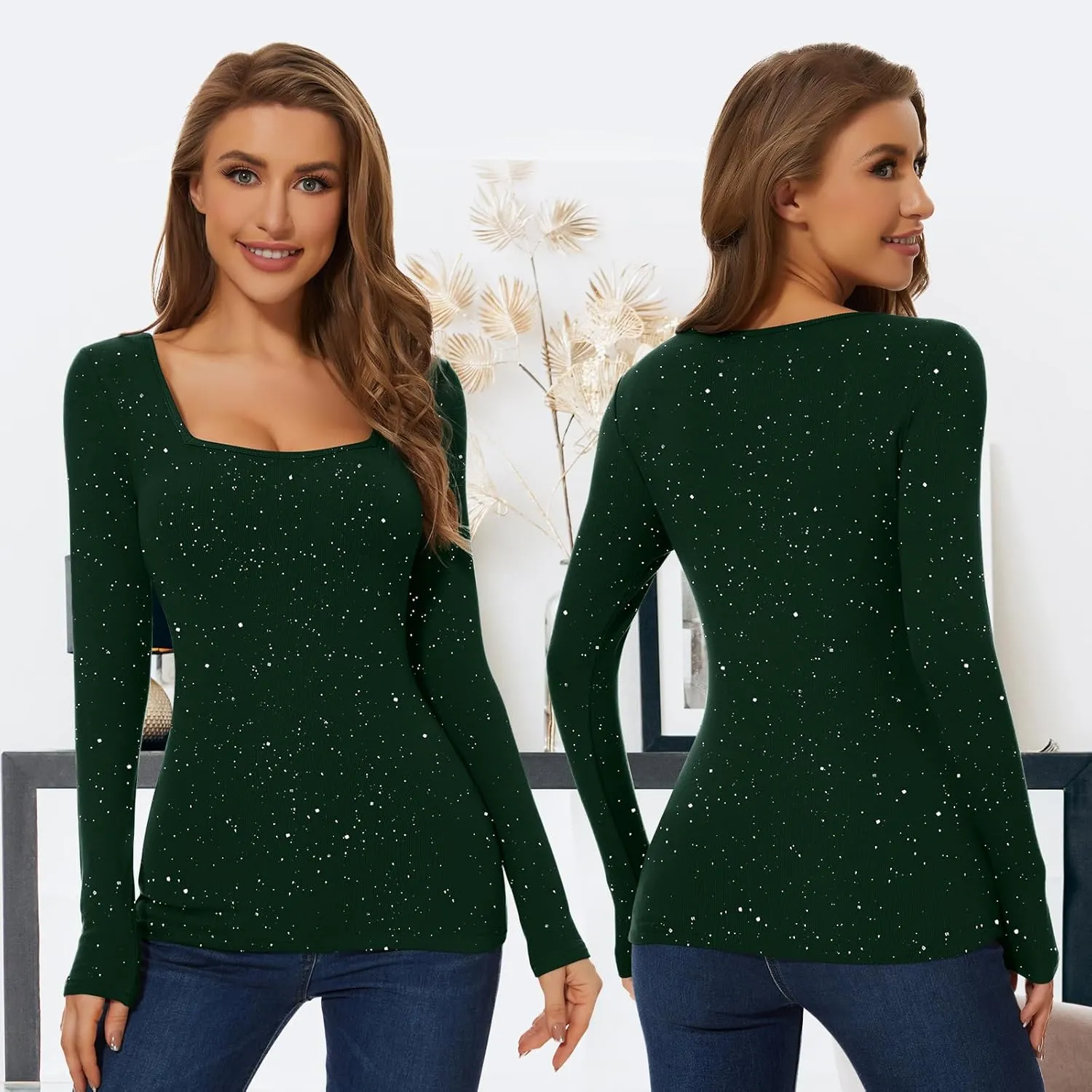 WOWENY Women Thermal Long Sleeve Shirt Fleece Lined Tight Undershirts Basic Fitted Tops Square Neck Winter Base Layer