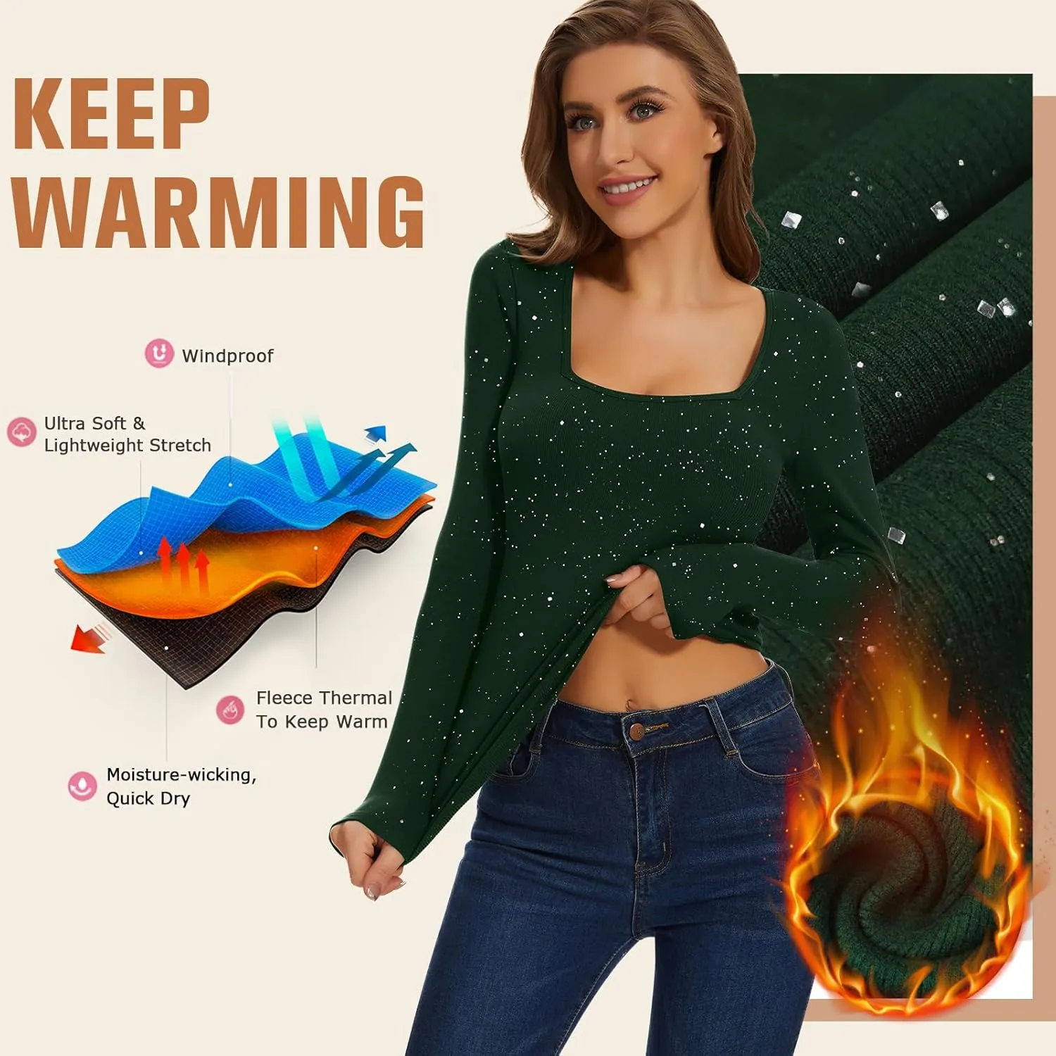 WOWENY Women Thermal Long Sleeve Shirt Fleece Lined Tight Undershirts Basic Fitted Tops Square Neck Winter Base Layer
