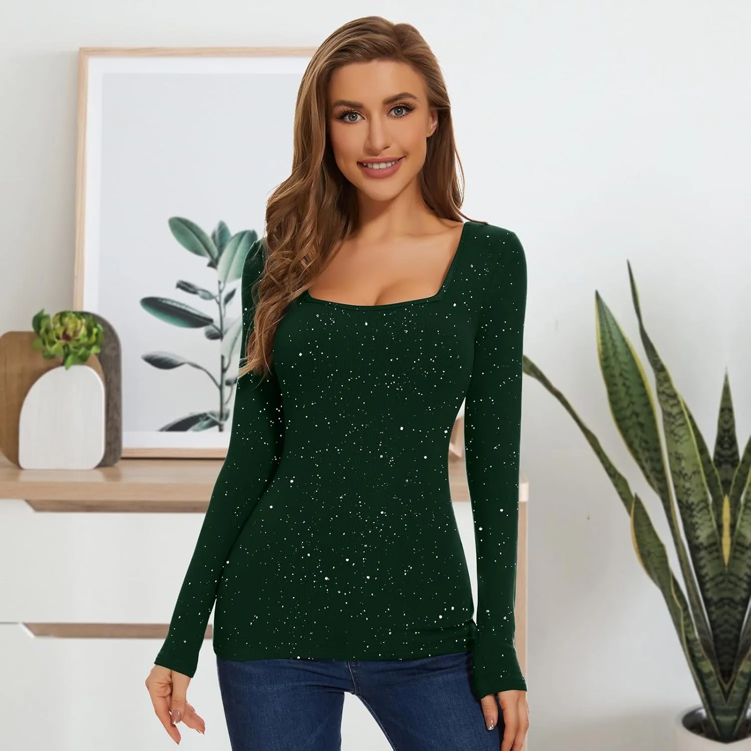 WOWENY Women Thermal Long Sleeve Shirt Fleece Lined Tight Undershirts Basic Fitted Tops Square Neck Winter Base Layer