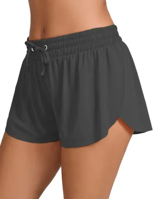 Yilisha Womens Drawstring Swim Shorts High Waisted Board Shorts Black Bathing Suit Bottoms Workout Shorts Swimsuit